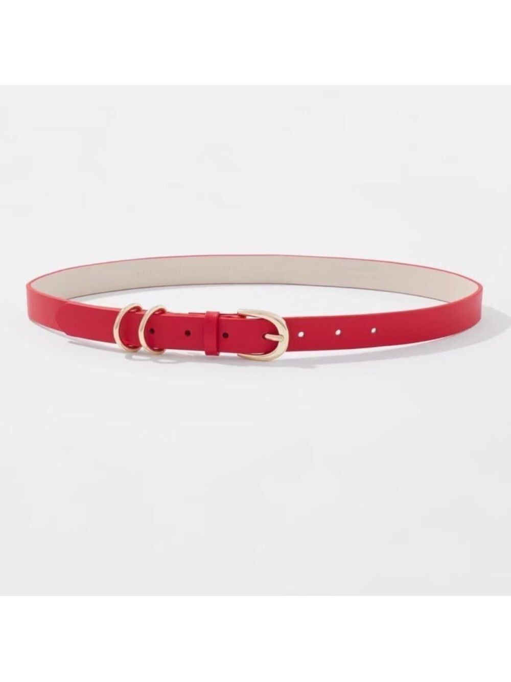 WHBM M Red Gold Tone Double D Detail Round Buckle Leather Pant Belt